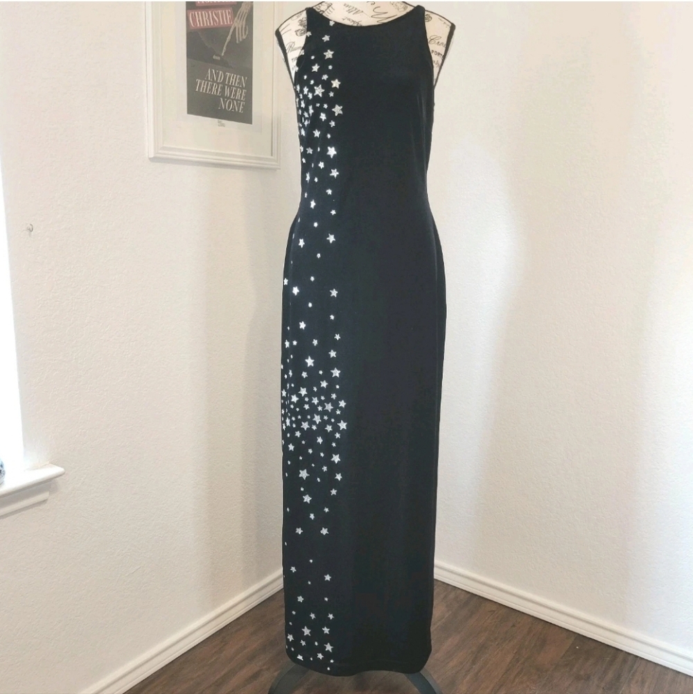 Vintage 90s Y2K Velvet Whimsigoth Celestial Stars Black Dress Juniors 9/10